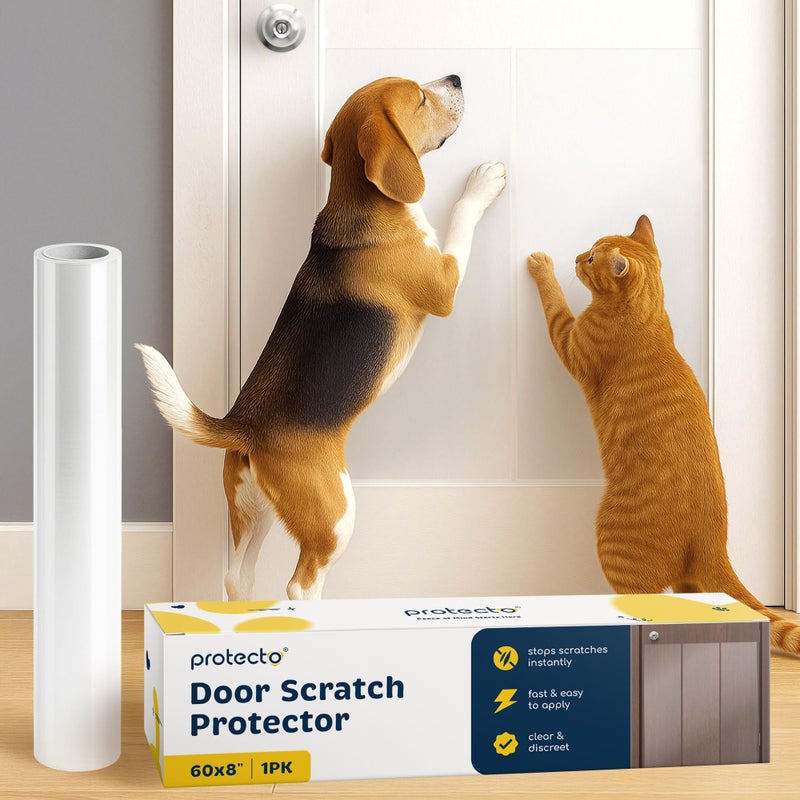 PROTECTO Cat & Dog Scratch Door Protector with Utility Knife - 60" x 8" Clear Wall Protector for Pet Scratching - Sticky and Self-Adhesive Deterrent Vinyl Surface - Easy Customization & Installation - Image 1